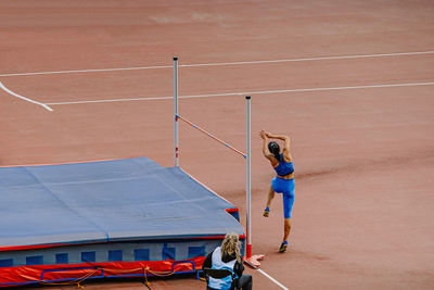 High angle view of man playing soccer