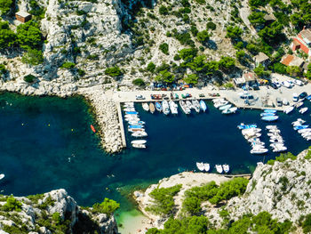 High angle view of boats in sea