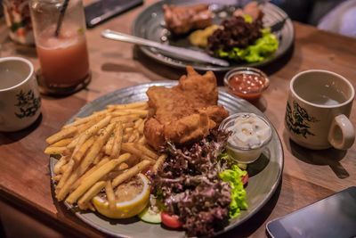 High angle view of food served on table