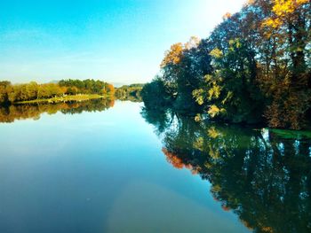 Scenic view of lake against clear blue sky