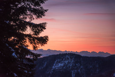 Scenic view of silhouette mountains against sky at sunset