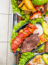 High angle view of meal served on table