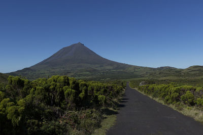 Road amidst green landscape against clear blue sky