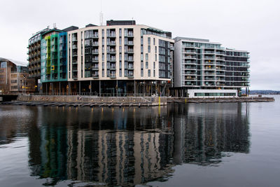 Reflection of building in river against sky