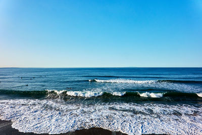Scenic view of sea against clear blue sky