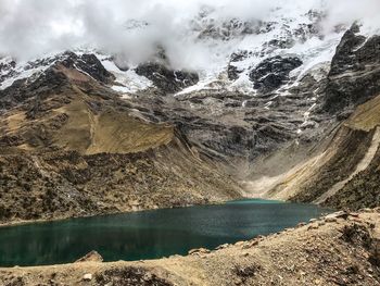 Scenic view of lake by snowcapped mountains