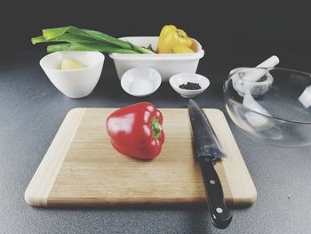 Close-up of breakfast served on cutting board