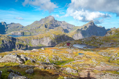 Steep mountains of lofoten island on a sunny arctic day. hermannsdalstinden peak 