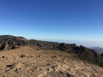 Scenic view of mountains against clear blue sky