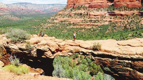 Rear view of woman standing on rock formation