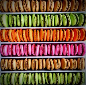 Directly above shot of colorful macaroons in container