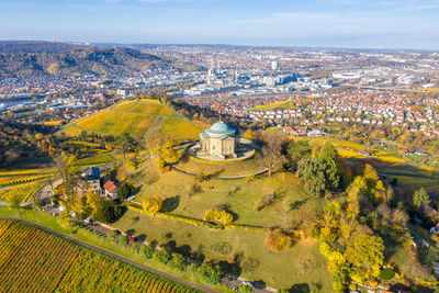 High angle view of buildings against sky