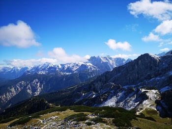 Scenic view of snowcapped mountains against sky