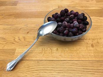 High angle view of berries in bowl on table