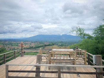 Built structure on landscape against sky