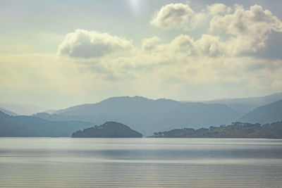 Misty mountains at evening from flat angle