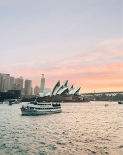 View of ship in sea at sunset