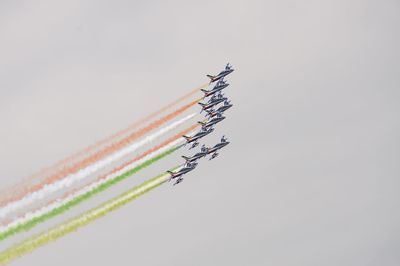 Low angle view of airshow against clear sky