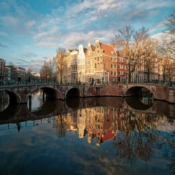 Historic canal houses against sky and reflection in water along keizersgracht canal in amsterdam