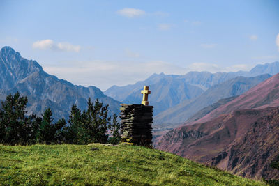 View of temple against mountain range