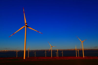 Windmills against clear blue sky