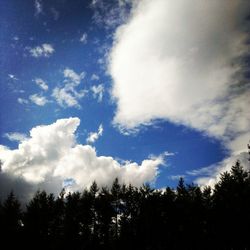 Low angle view of trees against cloudy sky