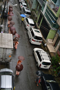 High angle view of people on road