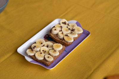 High angle view of cookies in plate on table