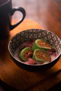 High angle view of salad in bowl on table