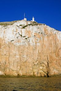 Low angle view of lighthouse by sea against clear blue sky