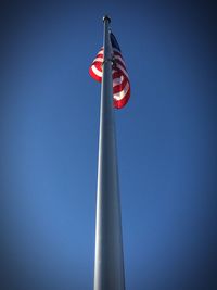 Low angle view of flag against clear blue sky