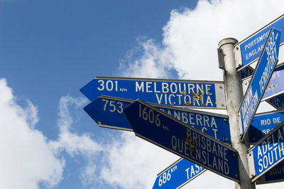 Low angle view of signs against blue sky