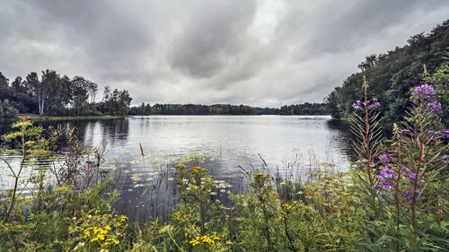 Scenic view of lake against cloudy sky