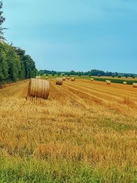 Hay bales on field against sky