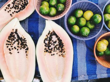 High angle view of fruits in plate on table