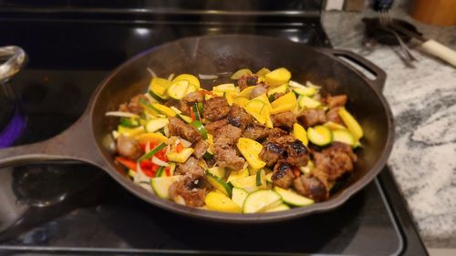 High angle view of food in cooking pan