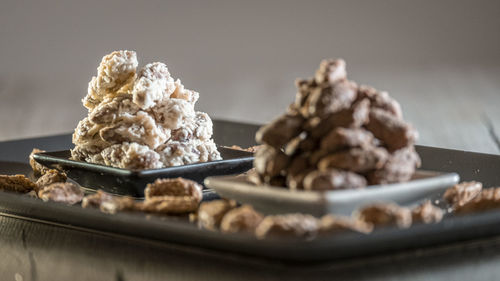 Close-up of cookies in plate on table