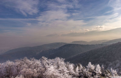 Scenic view of mountains against sky at sunset