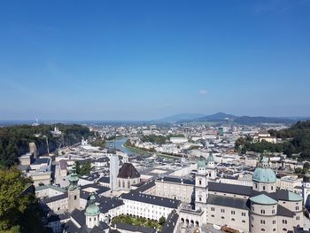 High angle view of townscape against clear blue sky