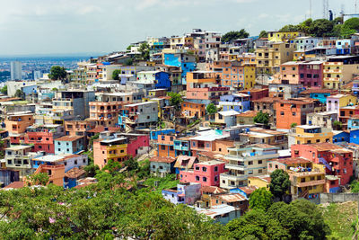 High angle view of houses in town