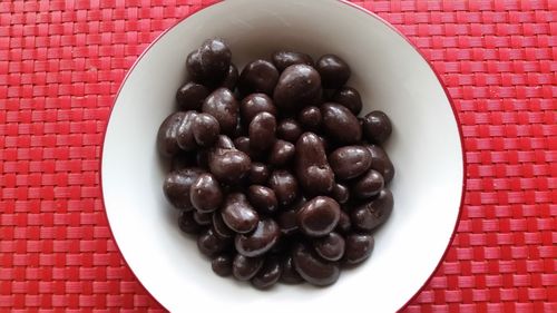 High angle view of fruits in plate on table