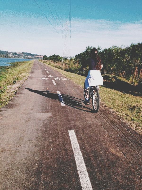 transportation, road, bicycle, land vehicle, mode of transport, the way forward, riding, road marking, cycling, street, full length, sky, lifestyles, on the move, men, country road, rear view, sunlight