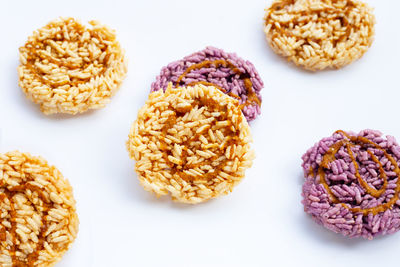 Close-up of breakfast against white background