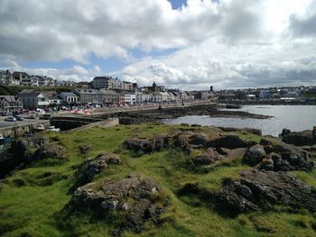 View of town on cloudy day