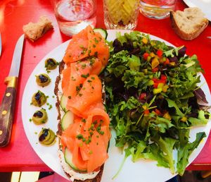 High angle view of breakfast served on table