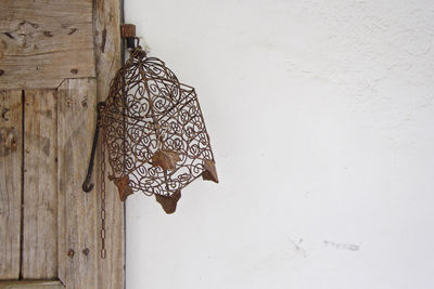 Close-up of butterfly hanging on wood