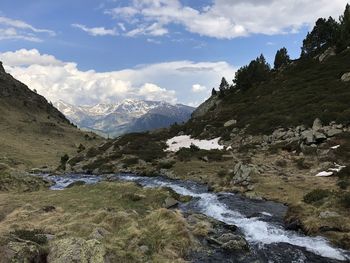 Scenic view of river and mountains against sky