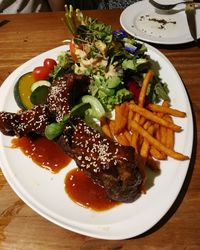 High angle view of food served on table