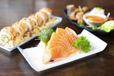 Close-up of sushi served on table