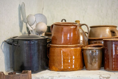 Close-up of old objects on table